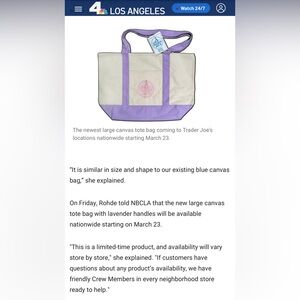 Trader Joe’S I Tote I Canvas I Large I Pastel Purple